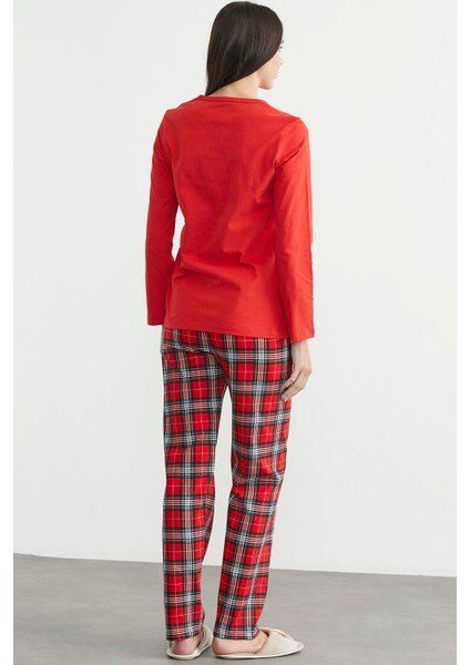 Düz Kombinli Ekose Pamuk Pijama Takım - Kırmızı indirimleri