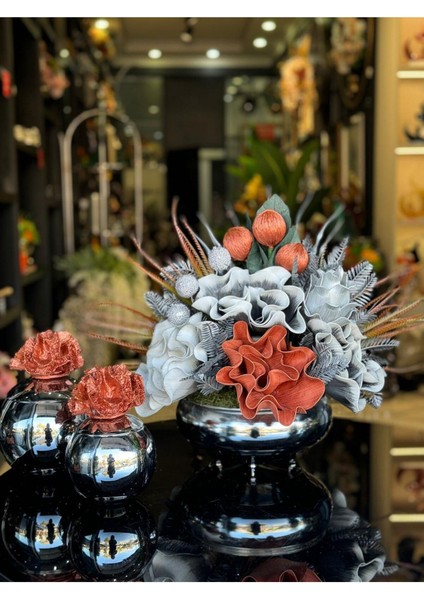 Yapay Çiçekli Gümüş Yassı Vazo 3 Parça Set No:12