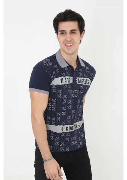 Erkek Yakalı Slim Fit Baskılı T-Shirt - Lacivert fiyatları