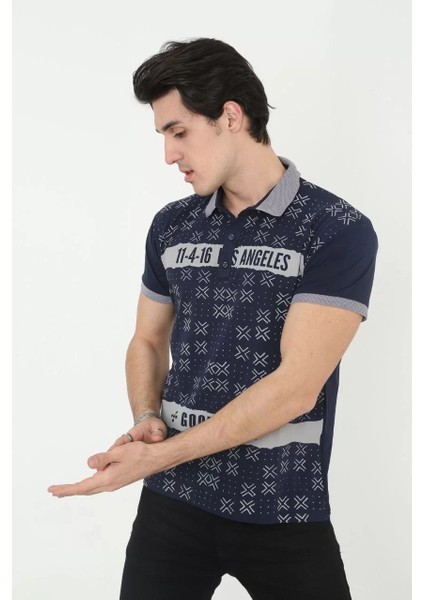 Erkek Yakalı Slim Fit Baskılı T-Shirt - Lacivert modelleri