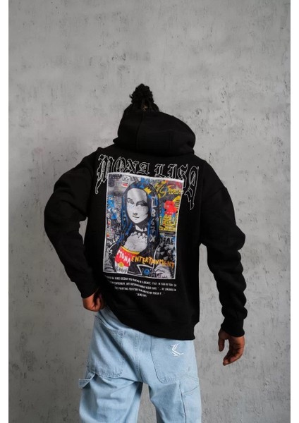 Erkek Baskılı Kapüşonlu ve Kanguru Cepli Sweat - Siyah