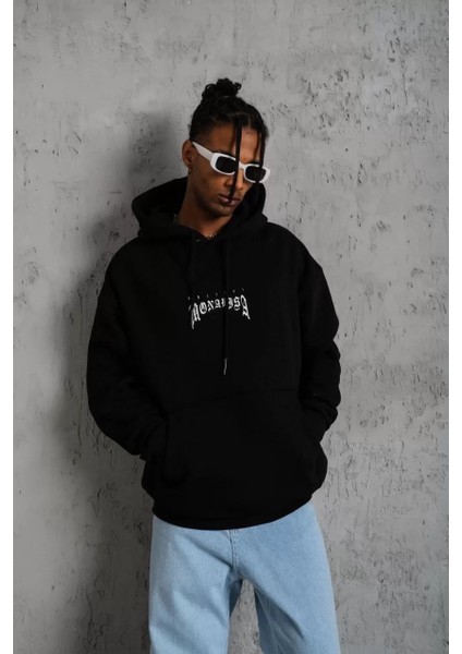 Erkek Baskılı Kapüşonlu ve Kanguru Cepli Sweat - Siyah fiyatları