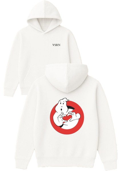 Hayalet Kalp Tasarım Baskılı Oversize Beyaz Kapüşonlu Sweatshirt