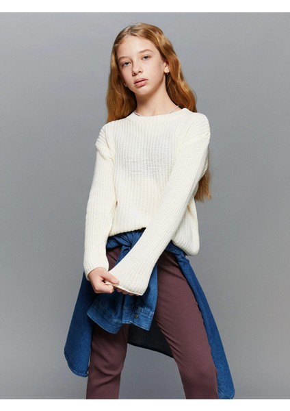 Lcw Kids Ekru Bisiklet Yaka Kız Çocuk Triko Kazak