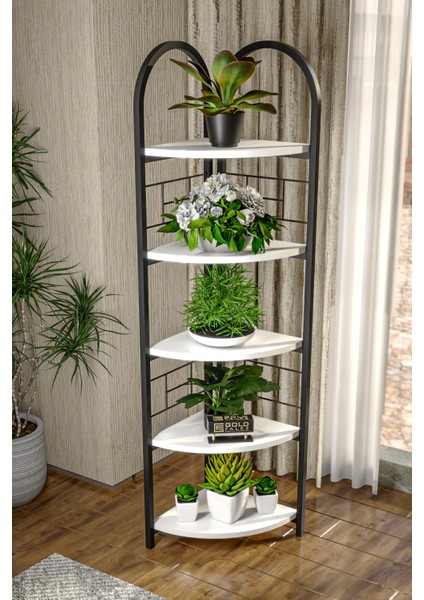 Çiçeklik Saksılık 5 Raflı Kitaplık Çok Amaçlı Çalışma Odası Kütüphane Dekoratif Aksesuar Beyaz