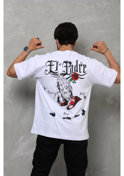 Unisex Bisiklet Yaka Baskılı Oversize T-Shirt - Beyaz modelleri