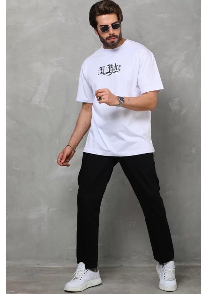 Unisex Bisiklet Yaka Baskılı Oversize T-Shirt - Beyaz fırsatları