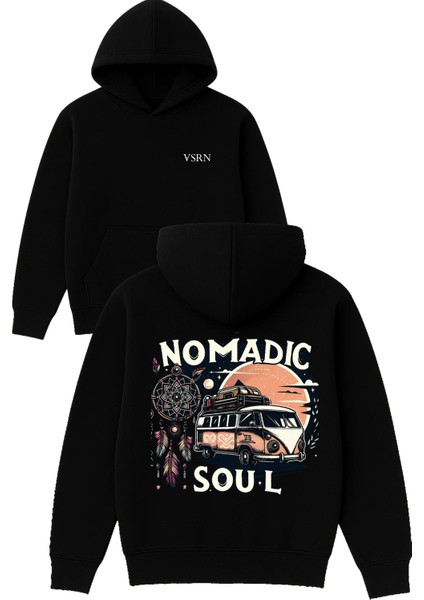 Nomadıc Soul Tasarım Baskılı Oversize Siyah Kapüşonlu Sweatshirt
