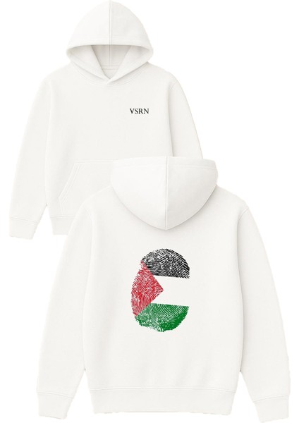 Palestine Parmak Izi Tasarım Baskılı Oversize Beyaz Kapüşonlu Sweatshirt