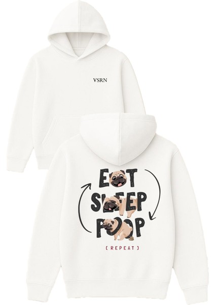 Eat Sleep Pug Tasarım Baskılı Oversize Beyaz Kapüşonlu Sweatshirt