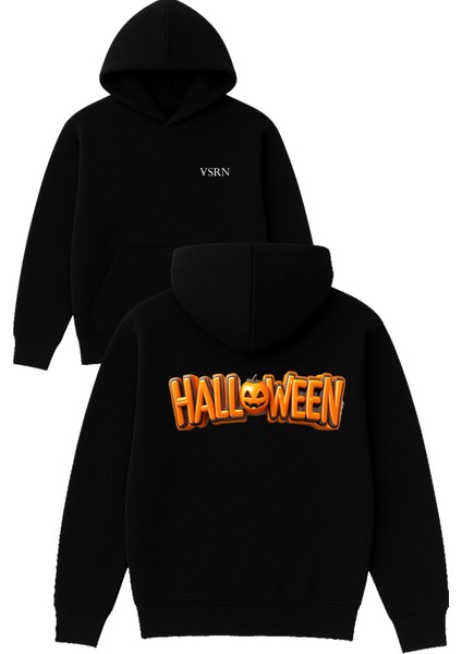 Hallowen Kabak Tasarım Baskılı Oversize Siyah Kapüşonlu Sweatshirt