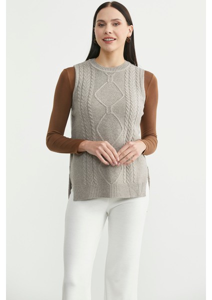 Etnik Motifli Kolsuz Triko Kazak - Vizon fiyatları