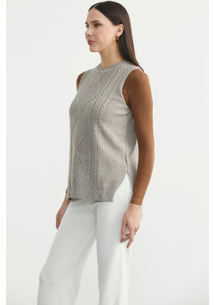 Etnik Motifli Kolsuz Triko Kazak - Vizon fırsatları