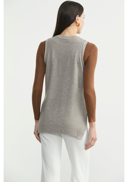 Etnik Motifli Kolsuz Triko Kazak - Vizon indirimleri