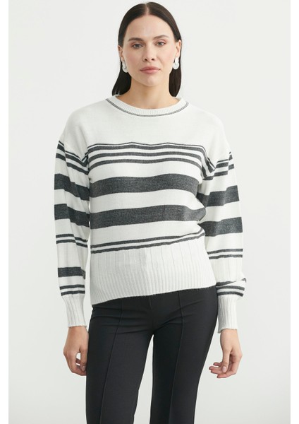 Çizgili Yünlü Triko Kazak - Kemik