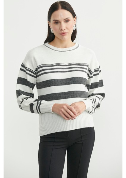 Çizgili Yünlü Triko Kazak - Kemik fiyatları