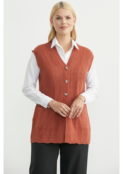 Cepli Düğmeli Triko Yelek - Taba