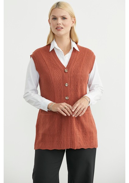 Cepli Düğmeli Triko Yelek - Taba fiyatları
