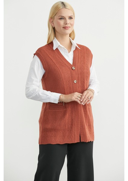 Cepli Düğmeli Triko Yelek - Taba modelleri