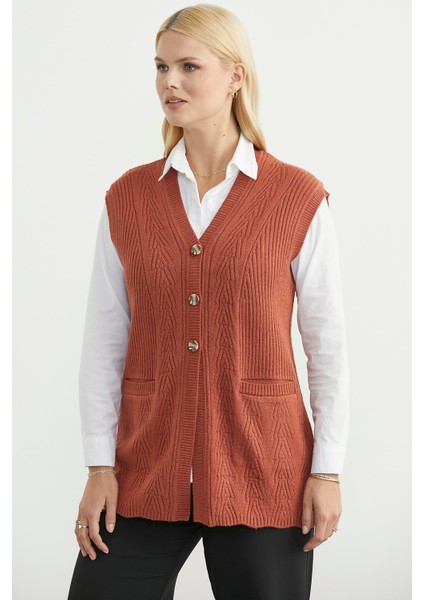 Cepli Düğmeli Triko Yelek - Taba fırsatları