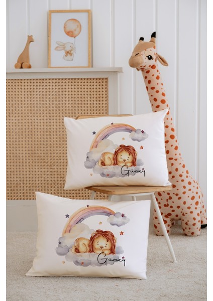 %100 Pamuk Isme Özel 2li Ekru Bebek Yastık Kılıfı 35X45 Cm-Aslan