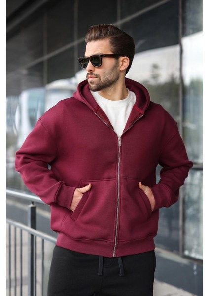 Bordo Fermuarlı Kapüşonlu Erkek Hırka E7174