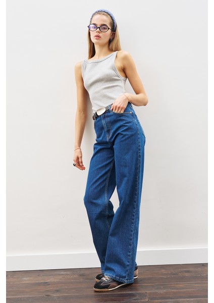 Dikiş Detaylı Geniş Denim Pantolon Indigo