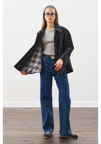 Dikiş Detaylı Geniş Denim Pantolon Indigo fiyatları