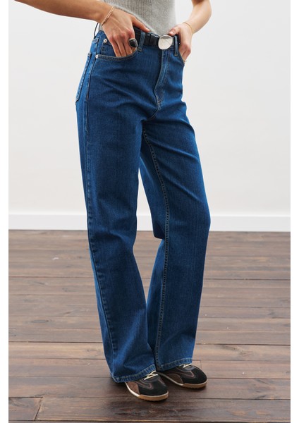 Dikiş Detaylı Geniş Denim Pantolon Indigo fırsatları