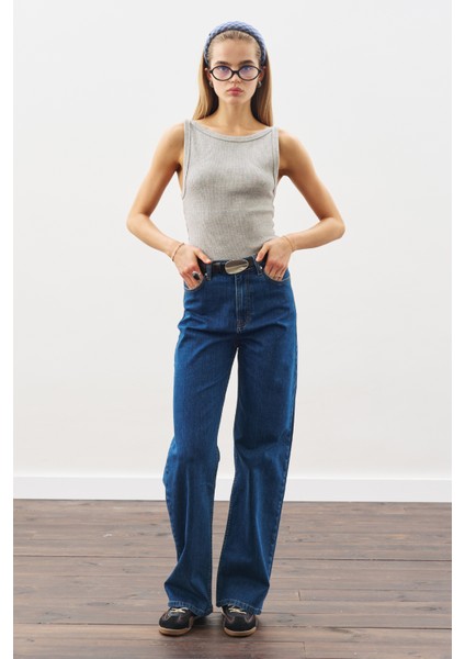 Dikiş Detaylı Geniş Denim Pantolon Indigo indirimleri
