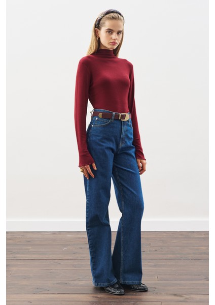 Dikiş Detaylı Geniş Denim Pantolon Indigo