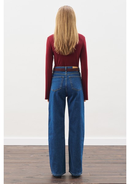 Dikiş Detaylı Geniş Denim Pantolon Indigo