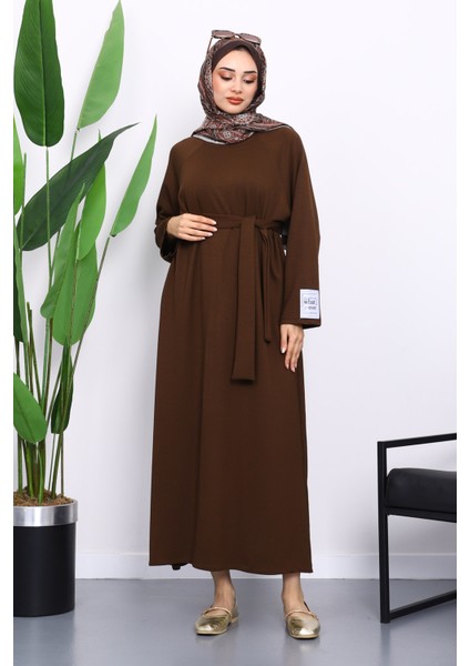 Kahverengi Kolu Armalı Reglan Kol Basic Modal Kuşaklı Elbise