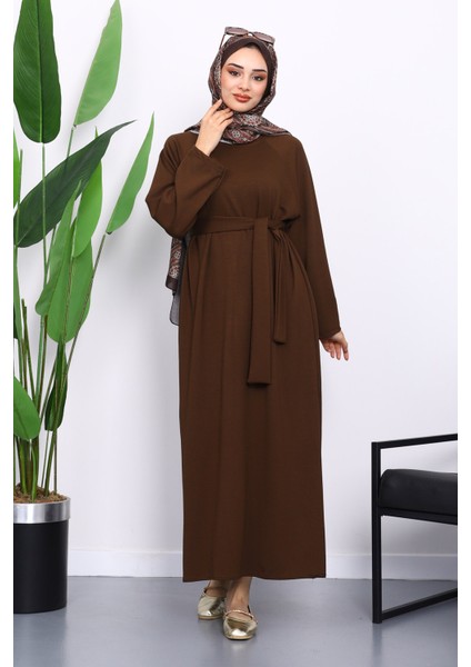 Kahverengi Kolu Armalı Reglan Kol Basic Modal Kuşaklı Elbise fiyatları