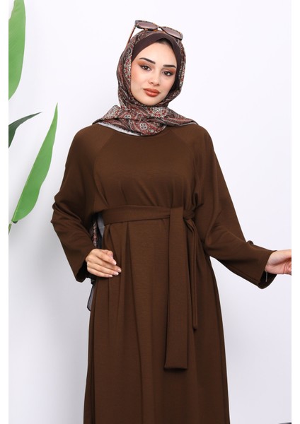 Kahverengi Kolu Armalı Reglan Kol Basic Modal Kuşaklı Elbise modelleri