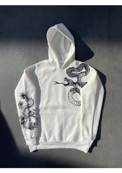 Uzun Kol Kapüşonlu Baskılı Sweatshirt - Beyaz