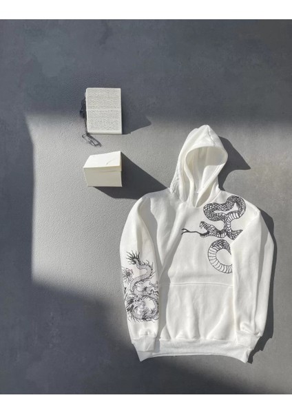 Uzun Kol Kapüşonlu Baskılı Sweatshirt - Beyaz fiyatları