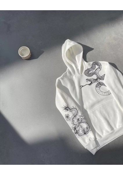 Uzun Kol Kapüşonlu Baskılı Sweatshirt - Beyaz fırsatları