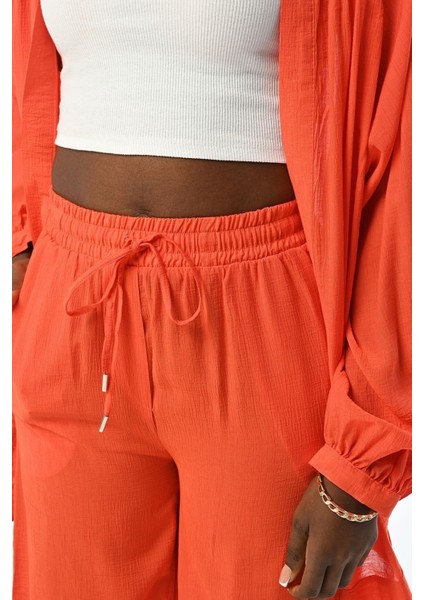 Kadın Rahat Kalıp Bol Paça Beli Lastikli Düz Renk Pantolon modelleri