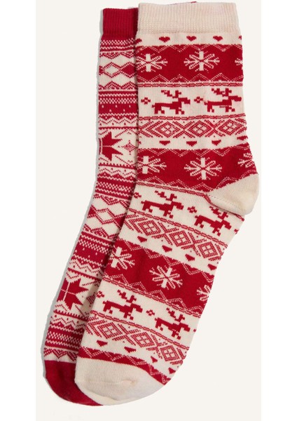 Kadın Yılbaşı Temalı 2'li Pamuklu Uzun Çorap