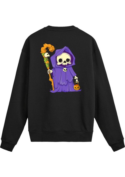 Sırt Baskılı Karikatürlü Iskelet Tasarımlı Sweatshirt