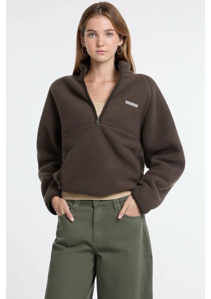 Kadın Yarım Fermuarlı Dik Yaka Polar Sweatshirt - Kahverengi