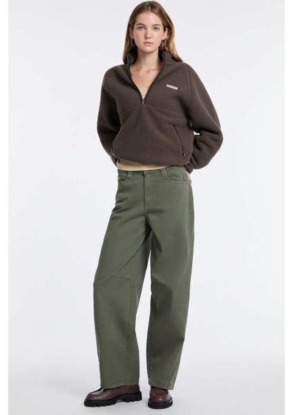 Kadın Yarım Fermuarlı Dik Yaka Polar Sweatshirt - Kahverengi modelleri