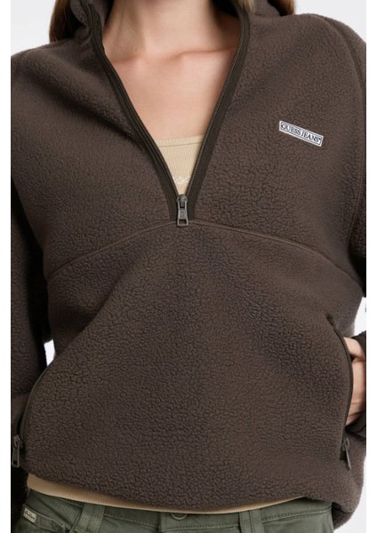 Kadın Yarım Fermuarlı Dik Yaka Polar Sweatshirt - Kahverengi fırsatları