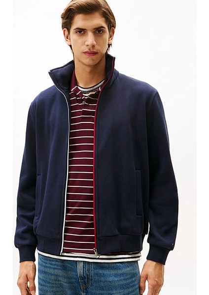 Erkek Şerit Detaylı Dik Yaka Fermuarlı Sweatshirt - Lacivert