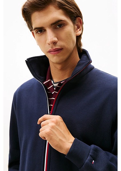 Erkek Şerit Detaylı Dik Yaka Fermuarlı Sweatshirt - Lacivert fırsatları