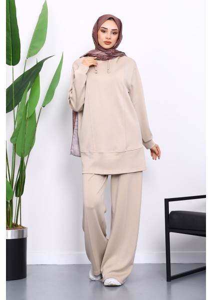Bej Kapşonlu Tunik Pantolonlu Takım