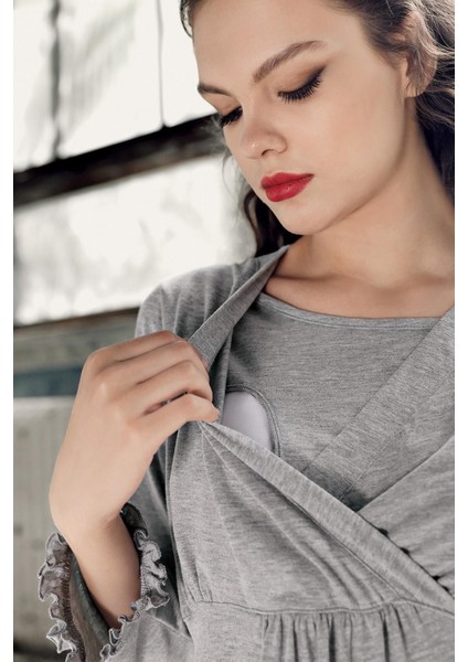 Kadın Uzun Kollu Esnek Pamuklu Kumaş Hamile Pijama Takımı 13201 modelleri