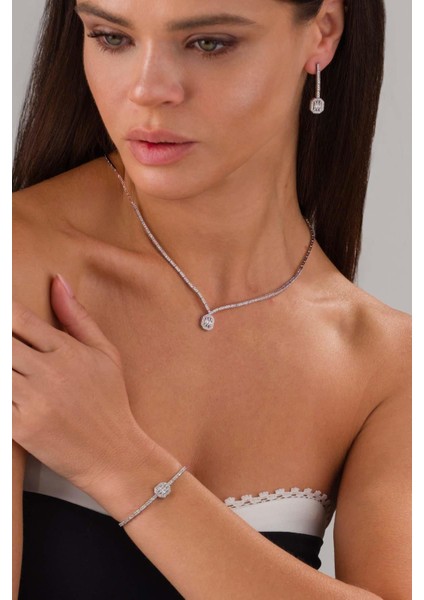 Baget Taşlı Rodyum Kaplama 925 Ayar Gümüş Düğün Seti