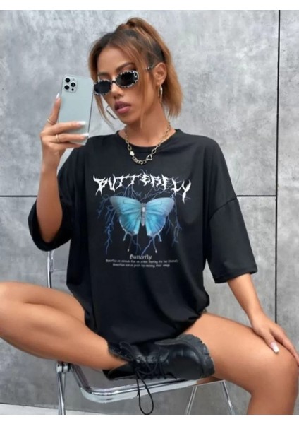 Unisex Baskılı Oversize T-Shirt - Siyah modelleri